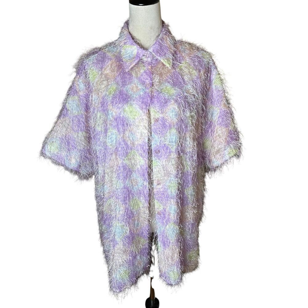Vintage‎ Selene Sport Fuzzy Pastel Button-Up Shirt | Y2K Retro Textured Top XL